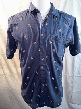 1374-Retreat Men's Navy Short-Sleeve Button-Down Shirt with Pink Rose Print